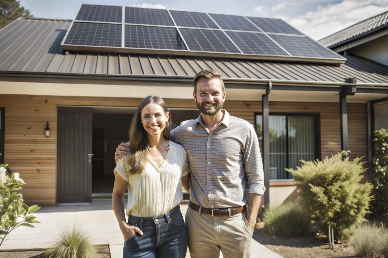 Panneaux solaires sur une toiture sous un ciel ensoleillé