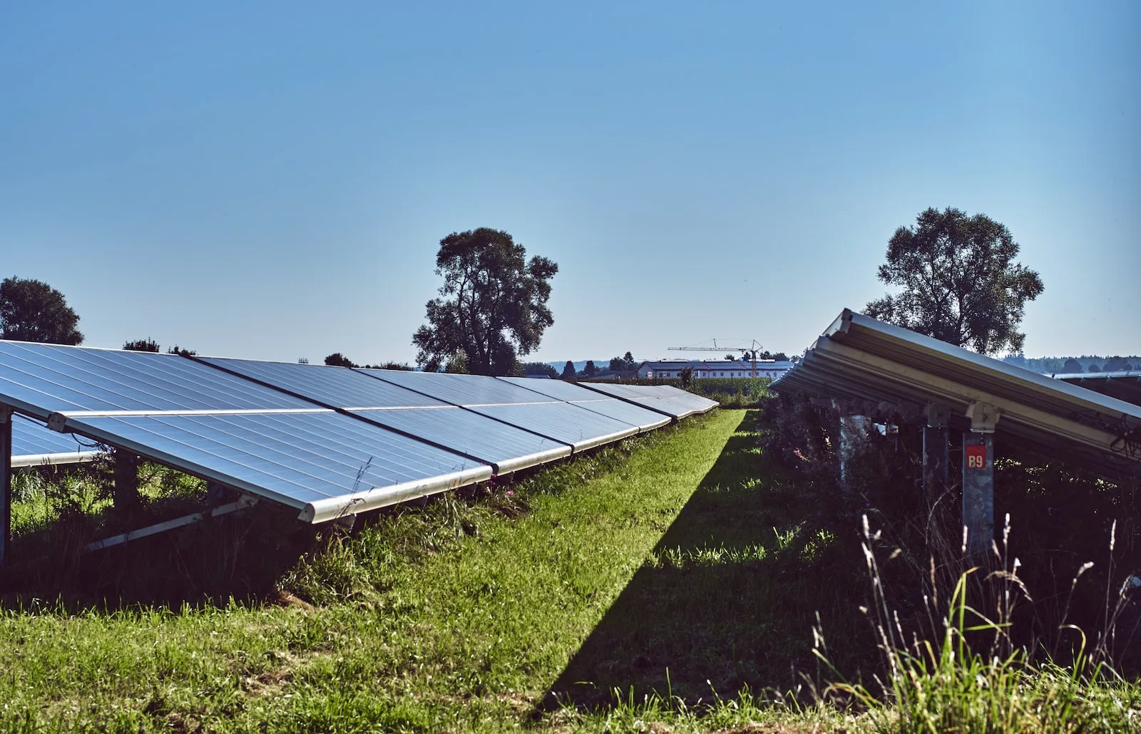 Panneaux solaires noirs installés dans un champ sous un ciel bleu