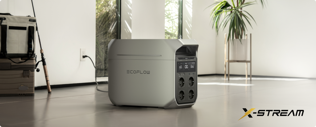 Batterie  Ecoflow qui se recharge rapidement sur secteur avec la technologie X Stream